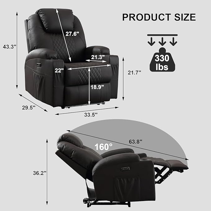 Power Recliner Chair with Heat and Massage PU Leather Home Theater Seating with LED Lights/Cup Holders/Side Pocket/USB Port Reclining Sofa Chair for Living Room(2 Brown)