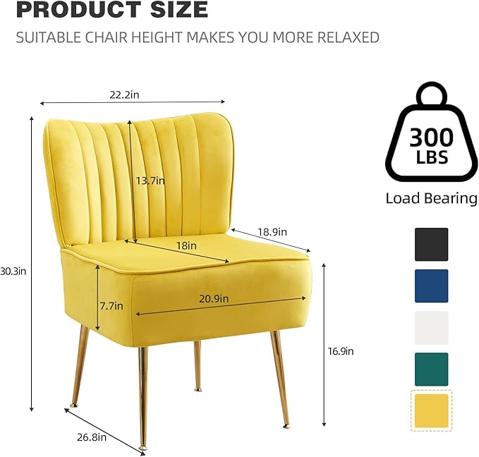 Velvet Accent Chairs Set of 6Modern Armless Living Room ChairsUpholstered Wingback Sliper Chair Single Sofa Chair with Golden LegsSmall Corner Chair for BedroomGuest RoomYellow