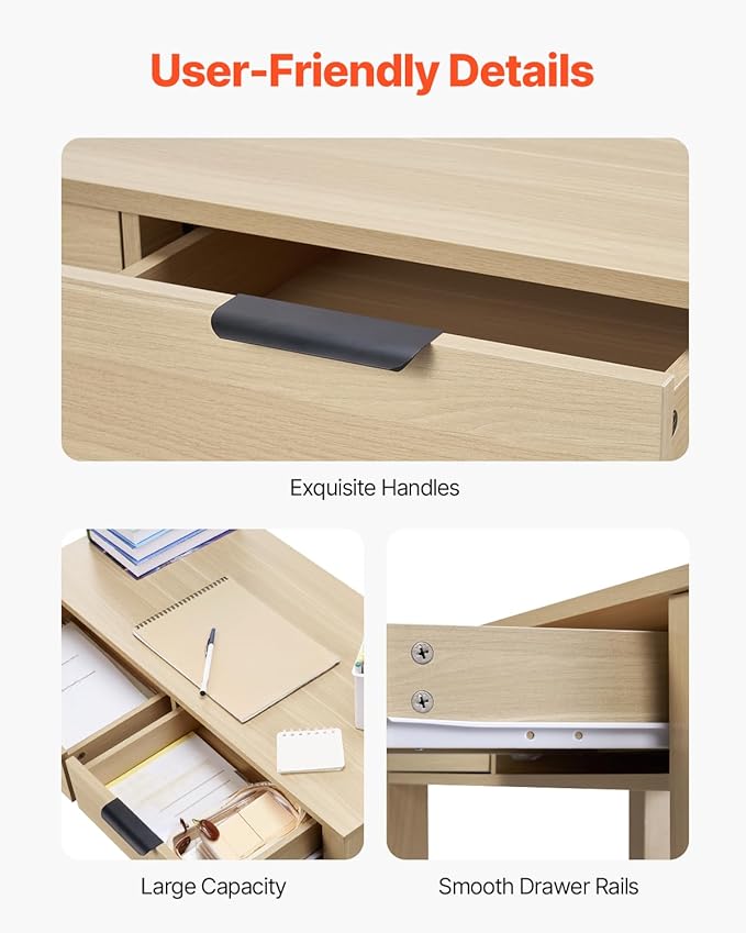 VEVOR Small Desk with Drawers Wooden Table for Home Office Small Computer Desk with Storage Vanity Desk with Drawers Study Table for Adults/Students for Drawing Reading Writing Light Wood
