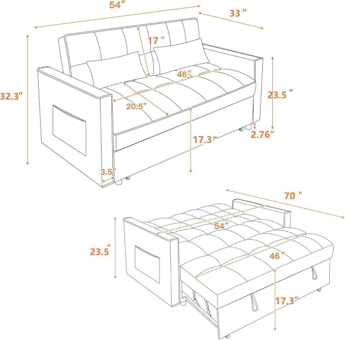 3 in 1 Convertible Sleeper Sofa BedFuton Couch with Pull-Out Bed &amp Adjustable BackrestVelvet Fabric Loveseat Sleeper with Side Pocket for Small Apartment Living Room Office (Light Grey) | Adju