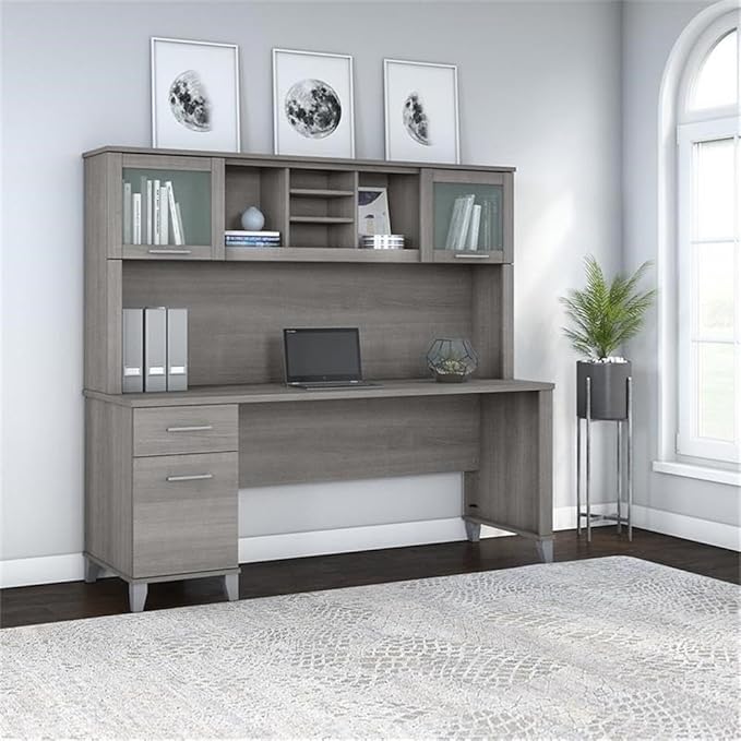 Pemberly Row 72W Office Desk with Drawers and Hutch Engineered Wood Gray Finish Frosted Glass Doors Spacious Work Surface Wire Management Home Office Furniture with Storage
