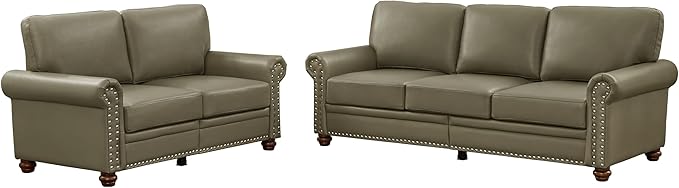 Faux Leather Sofa Set of 2: Love Seat +3 Seat Couch Underseat Storage Classic Sofa Elegance Rolled Armrests Nailhead Trim Wood Legs Classic Living Room Accent 2+3 Seat-Grey