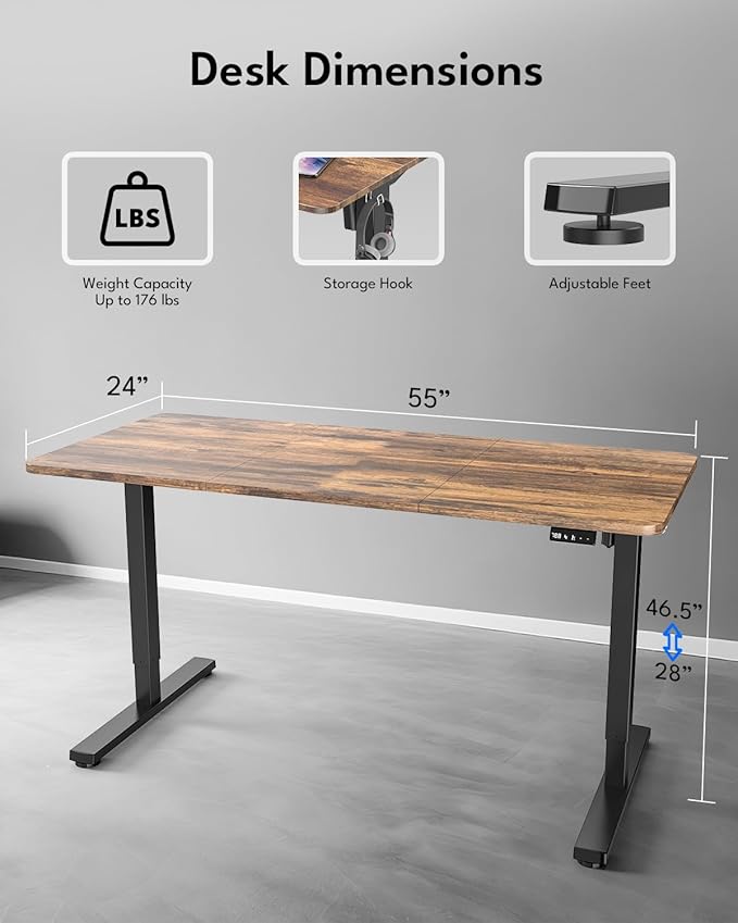 Standing Desk Height Adjustable Electric Stand up Desk 55 x 24 Inches Sit Stand Home Office Desk with Splice Board Black Frame/Rustic Brown Top