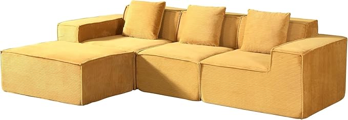 Harper Convertible Corduroy Sectional Couch with Ottoman &amp Pillows Modular L Shaped Sleeper Sofa Boneless Cloud Couch for Living Room Furniture Ginger Yellow