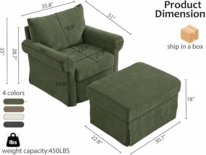 35.8 Accent Chair with Ottoman Set Comfy Chenille Upholstered Armchair with Rolled Arms Modern Single Reading Chair for Living Room Bedroom Apartment Green