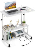 WEI WEI GLOBAL Adjustable Computer Desk with 3 USB Ports and 2 AC Outlets Standing Desk Adjustable Height Desks Computer Desk Writing Desk Mobile Laptop Desk Cart for Office Workspace White