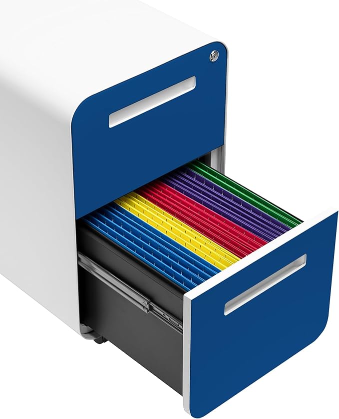 Laura Davidson Furniture Stockpile 2 Drawer Mobile File Cabinet with Lock - Under Desk Metal Filing Cabinet Legal/Letter File Folders Wheels and Stationary Feet Pre-Assembled Blue Faceplate