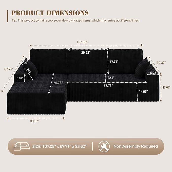 107 Sectional Couches 4 Seat Modular Sectional Sofa with Left Chaise Lounge Boneless Cloud Couch Upholstered Couch for Apartment Living Room No Assembly Required (Black Stripe)
