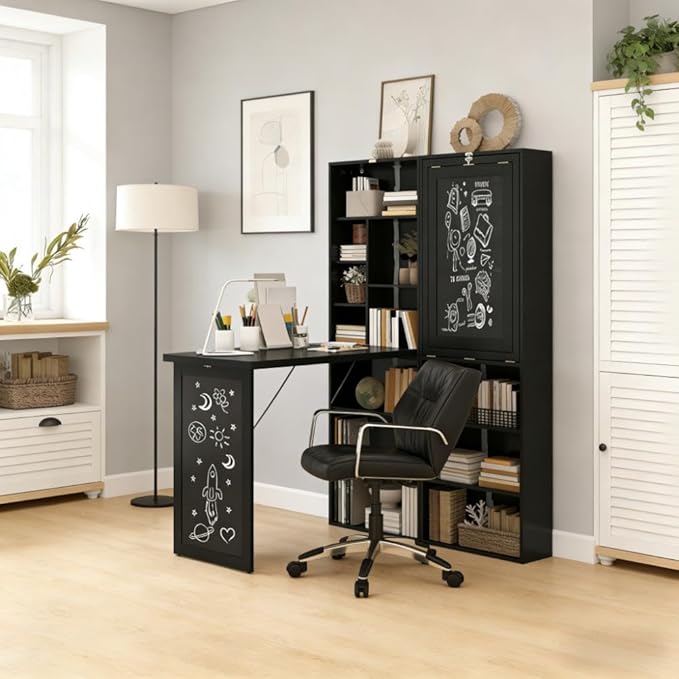 Murphy Desk with Storage Shelves Fold Out Hidden Computer Executive Desk Foldable Pull Out Writing Home Office Table with Blackboard for Bedroom Small Spaces (Black)