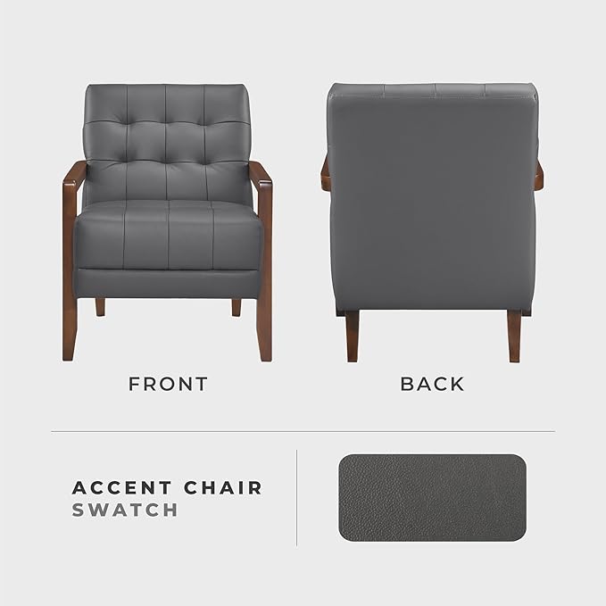 Lexicon Modern Accent Chair Luxury Genuine Leather Match Living Room Chair with Tufted Cushions Solid Wood Frame and Arm Rest Comfy Upholstered Single Seat for Bedroom/Reading/Office Dark Gray