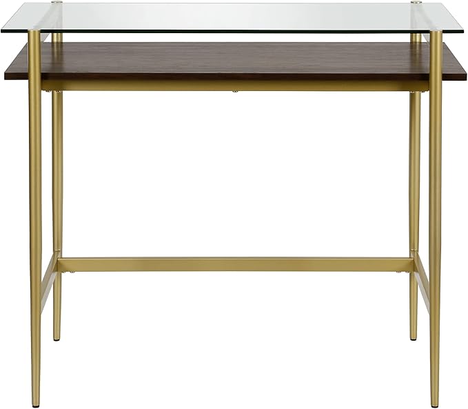 Henn&ampHart 36 Mid-Century Modern Rectangular Glass Home Office Desk Computer Desk Writing Table with Open Lower Storage Shelf for Home Office Gold/Amber Brown