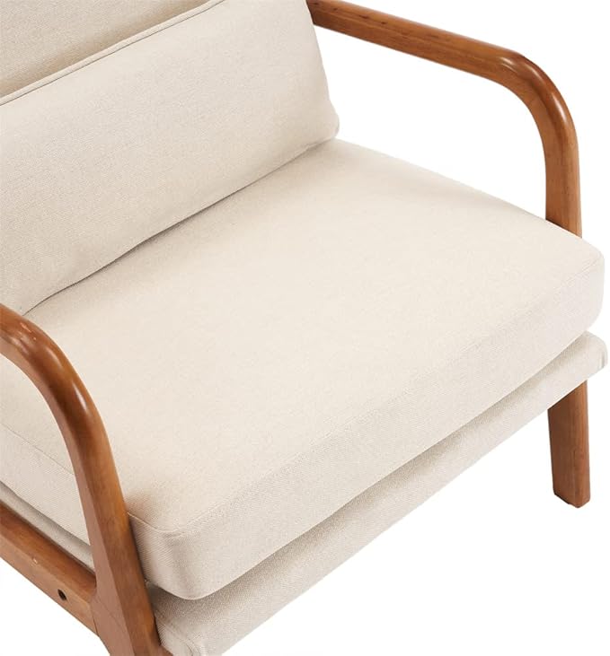 Accent Chair Modern Linen Upholstered Armchair Lounge Chair with Solid Wood Frame and 1 Pillow Comfy Single Sofa Chair Leisure Reading Chair with High Back &amp Armrest for Living Room Bedroom Off W