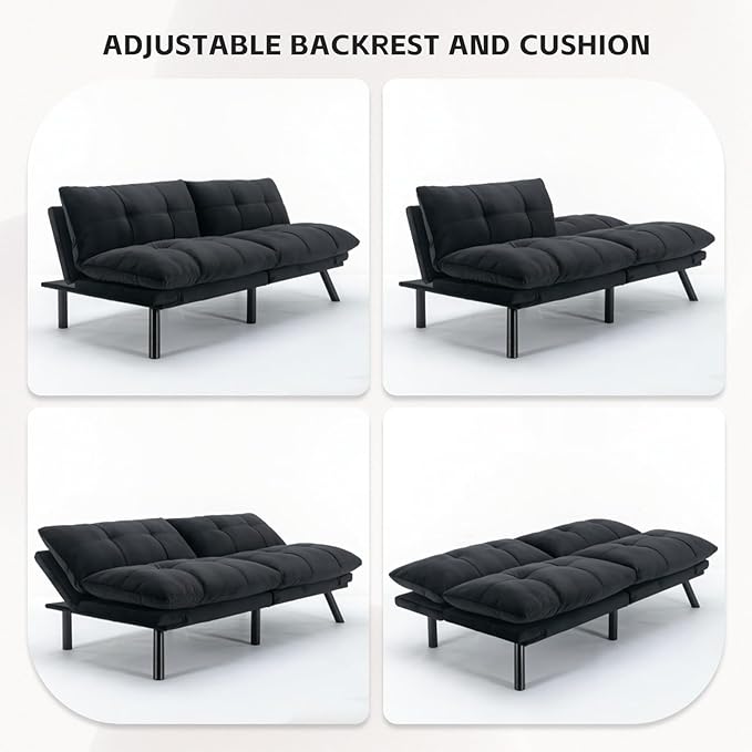 67” Velvet Futon Sofa Bed Convertible Small Upholstered Couch 2-Seat Loveseat Sleeper with Adjustable Backrest and Armrest for Small Space ApartmentGaming RoomOffice(Black)