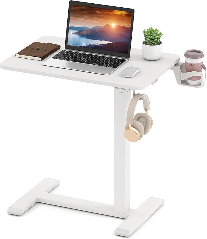 GOFLAME Rolling Standing Desk C Shaped End Table Adjustable Height with Hidden Wheels Cup Holder &amp Headphone Hook Mobile Sofa Couch Bed Side Table for Living Room Home Office (White)