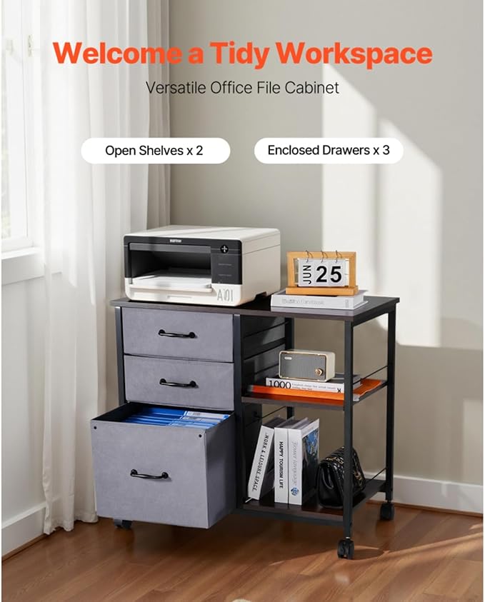 Hassyee Mobile Metal File Cabinet with 3 Fabric Drawers and 2 Open Shelves Multifunctional Office Spacious Storage Cabinet Assembly Required