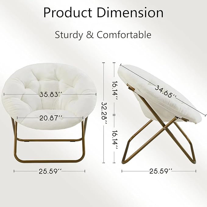 HealSmart Saucer Chair Comfy Faux Fur Chair for Bedroom Saucer Chairs for Adults Teens Round Shaped Moon Chair with Foldable Metal Frame White