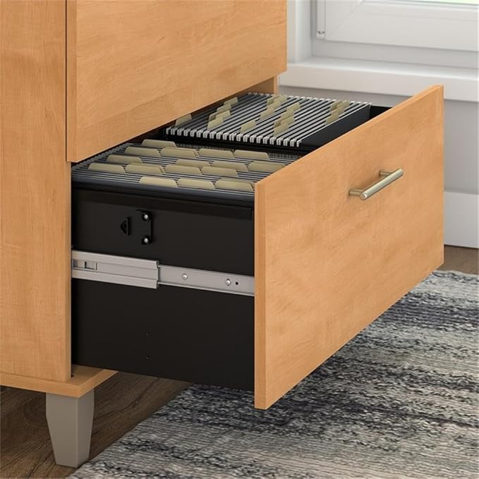 Pemberly Row Modern Lateral File Cabinet Maple Cross Finish Engineered Wood 2 Drawer Design with Full-Extension Ball Bearing Slides Tapered Legs Office Storage Solution for Letter and Legal Files