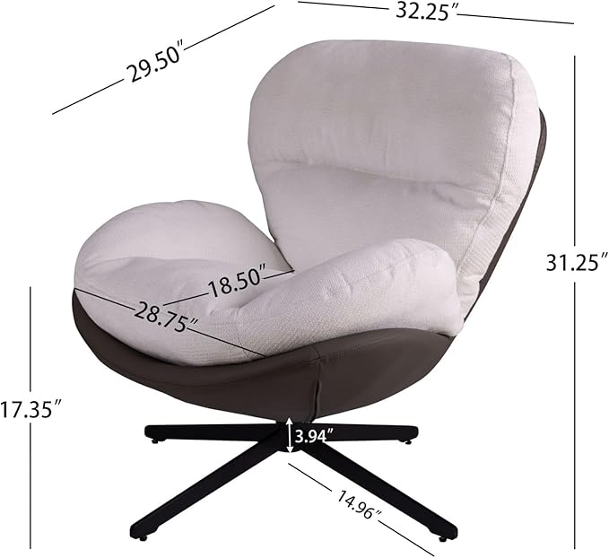 Merax 360° Swivel Accent Chair Modern Chenille Lounge Lazy Sofa with Faux Leather and Metal Base Comfortable Reading Seating for Small Spaces Living Room Bedroom Office White