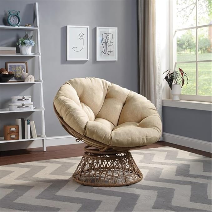 Pemberly Row Papasan Chair Cream Round Pillow Cushion Natural Resin Wicker Weave Metal Frame 360° Swivel 40 W x 36 D x 35.25 H Accent Chair for Living Room Family Room or Dorm