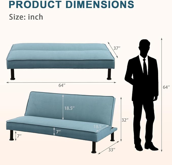 Convertible Futon Sofa Bed Modern Sleeper Couch Sofabed Reversible Recliner Sofa with 3 Adjustable Positions for Living Room Studio Apartment Office Small Space 64 x 33 x 32in.