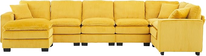 143 Large Modular Sectional Sofa Convertible U - L Shaped 6-Seat Sofa Couch with One Ottoman Chaise and Pillows Sectional Couches Comfy Corduroy Upholstered Sofa Sleeper for Living Room (Yellow)