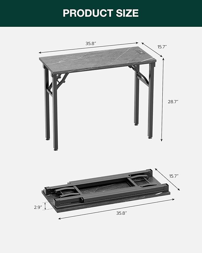 Frylr Small Folding Computer Desk – 35.8 Inch Portable Table for Craft and Study Lightweight Desk for Small Spaces Foldable Laptop Table Built-in AC/USB Outlets for Convenience Marble Greige