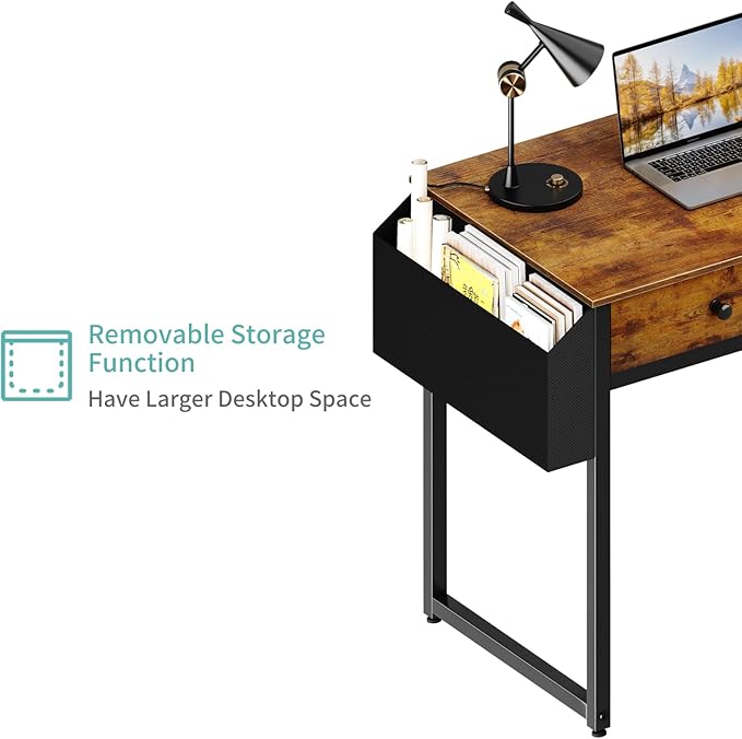 Lufeiya 40 Inch Desk with Drawers for Bedroom - 39 Inch Home Office Desks with 3 Fabric Storage Drawer and Pocket Study Writing Table Rustic Computer Desk Vintage Brown