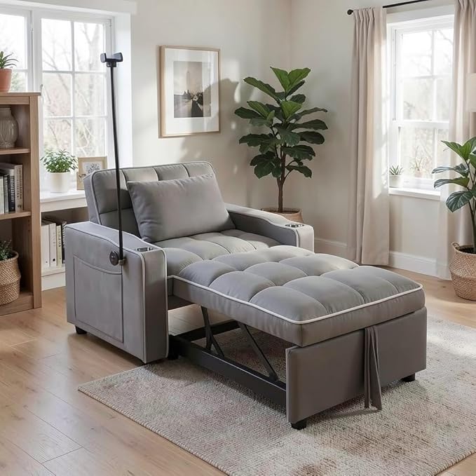 Convertible Sleeper Chair Pull Out Chair Sleeper with Bracket and Cup Holder 3 in 1 Sofa Bed Chairs for Adults Chairs Bed Sleepers for Small Spaces Living Room Dark Gray