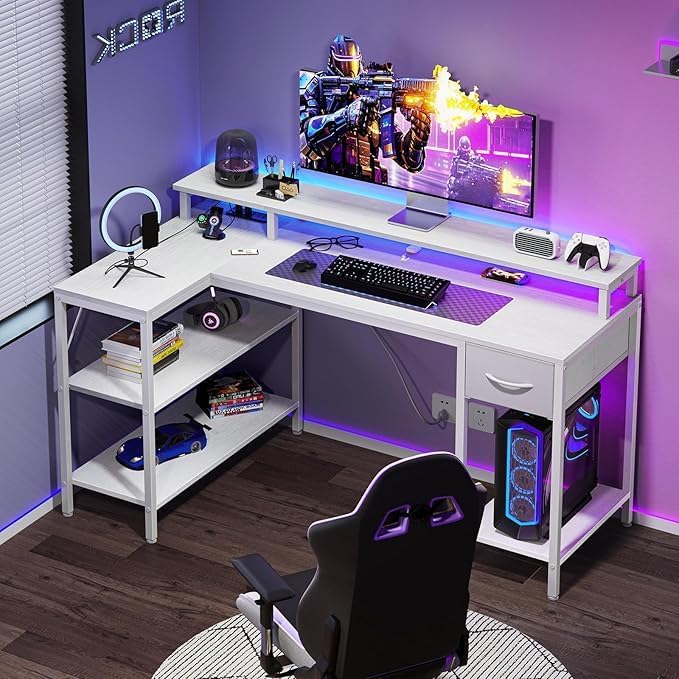 Alpen Gaming Desk 47 Inch L Shaped Desk with LED Lights Charging Ports Corner Desk Reversible Gamer Computer Desk with Shelves Drawer Monitor Stand for Home Office White