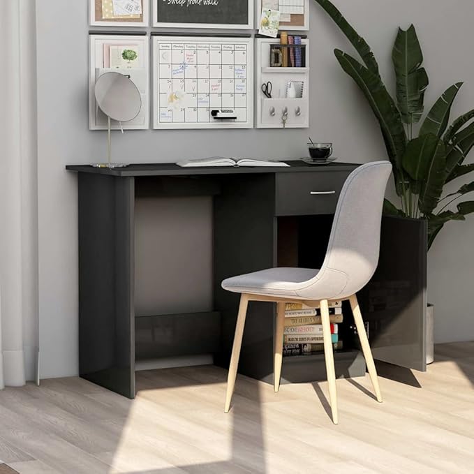 Modern Writing Computer Desk with a Drawer and a Door Home Office Desk Writing Study Table PC Desk Workstation for Bedroom High Gloss Gray 39.4x19.7x29.9 Engineered Wood(E)