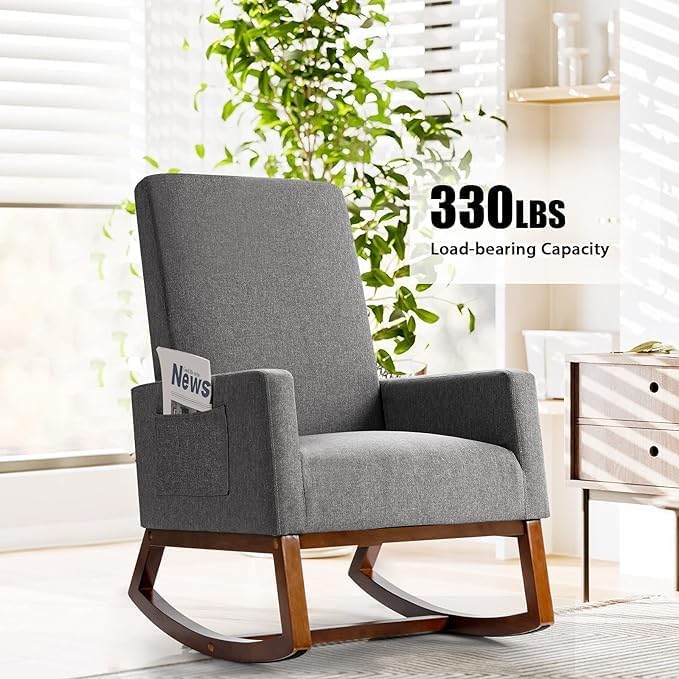 MEDIMALL Comfortable Rocking ChairModern Fabric Armchair w/Wood Base Side PocketLinen Padded Seat Suitable for Living Room Bedroom Nursery (Grey)
