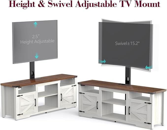 Farmhouse TV Stand with Mount and Charging Station LED Lights 70 Entertainment Center with Height Adjustable Swivel Mount and Barn Doors Storage Cabinets for TVs Up to 75 inch