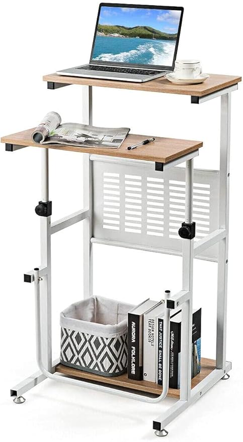 Goplus Topment Height Adjustable Standing Desk Home Office Writing Workstation with U-Shaped Footrest Sturdy Steel Frame Adjustable Pads Space-Saving Sit Stand Laptop Table with Storage
