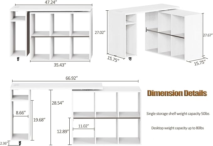 White L-Shaped Computer Desk Table with Charging Station–Small Study Writing Desk with Backless Storage Shelves 67” Bedroom Side Table &amp 360°Rotating Desk
