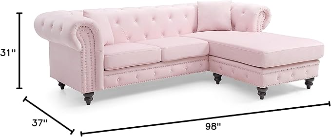 Glory Furniture Nola Velvet Sofa Chaise in Pink