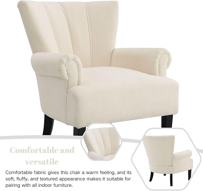 Modern Accent Living Room ChairsPolyester Armchair Club Chair with Channel Back Accent Chair for Living Room Bedroom Reading Room Soft Fabric Wooden Leg (Beige)