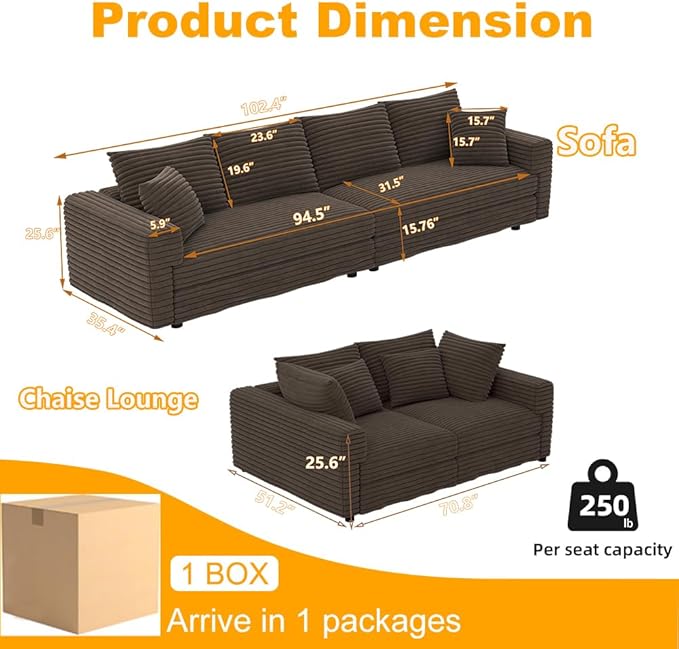 Ball &amp Cast 102.4 Plush Corduroy 4 Seater Sofa with Movable OttomanDeep Seat L Shaped Cloud Couches with Soft PillowsComfy Convertible Sectional Couch Lounge Chair for Living RoomOfficeCamel