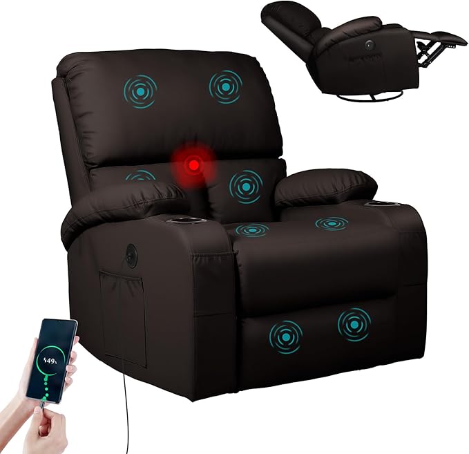 LEVELEVE Rocking Recliner Chair Massage Rocker Recliner Chair with Vibration Massage and Heat USB and Type-C Ports360° Swivel Faux Leather Chairs Living Room Bedroom Nursery RV Brown