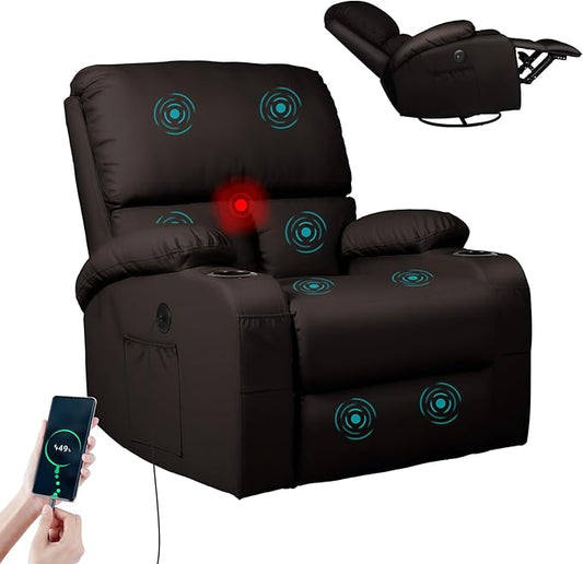 LEVELEVE Rocking Recliner Chair Massage Rocker Recliner Chair with Vibration Massage and Heat USB and Type-C Ports360° Swivel Faux Leather Chairs Living Room Bedroom Nursery RV Brown