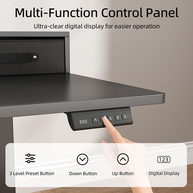 63x24 Inches Standing Desk with Drawers Electric Computer Desk with Open Storage Shelf Stand Up Desk Adjustable Height 28-46 Inches for Home and Computer Workstation Black