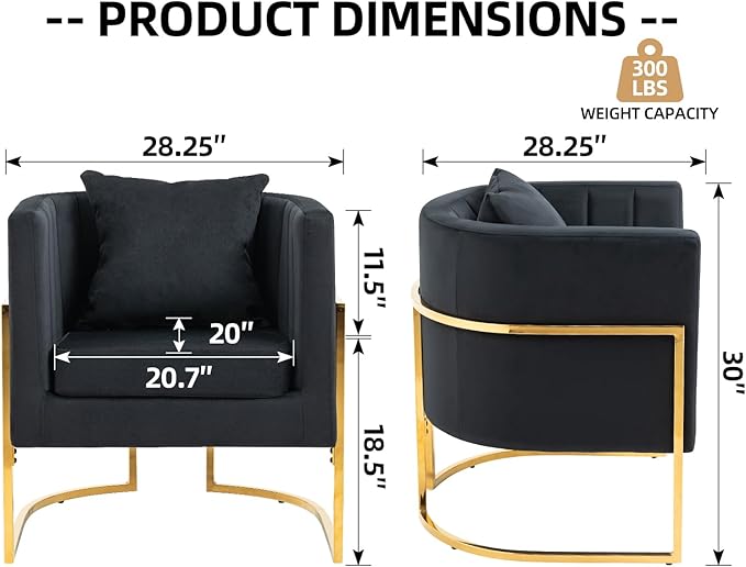 X-VOLSPORT Velvet Accent Chair in Black Modern Barrel Arm Chair for Living Room/Bedroom/Guest Reception Upholstered Club Armchair with Pillow &amp Gold Base