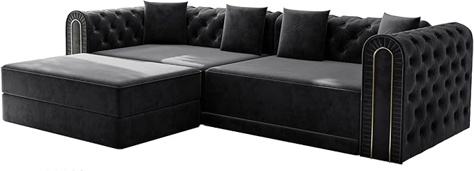 90.6'' Velvet Foldable Sofa Bed 3-in-1 Chesterfield L Shaped Sofa King Pull Out Floor Couch Gold Trim Armrests Extra Deep Couches with 4 Pillows for Living Room Apartment Gold Black