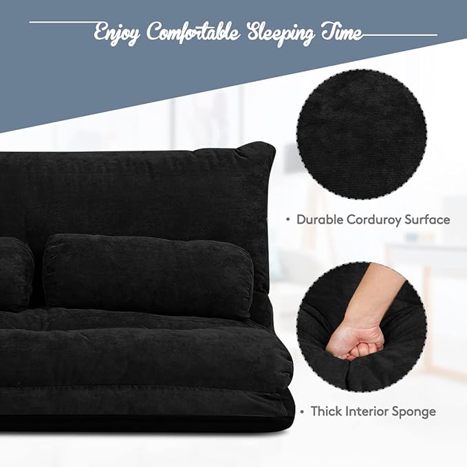Giantex Adjustable Floor Sofa Couch with 2 Pillows Multi-Functional 6-Position Foldable Lazy Sofa Sleeper Bed Multi-Functional Suede Floor Seating for Reading Gaming (Black)