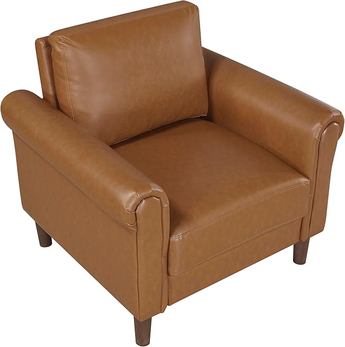 Lexicon 35 W Living Room Accent Chair Faux Leather Upholstered Armchair with Rolled Armrest for Bedroom/Office/Waiting Room Single Sofa Chair Brown