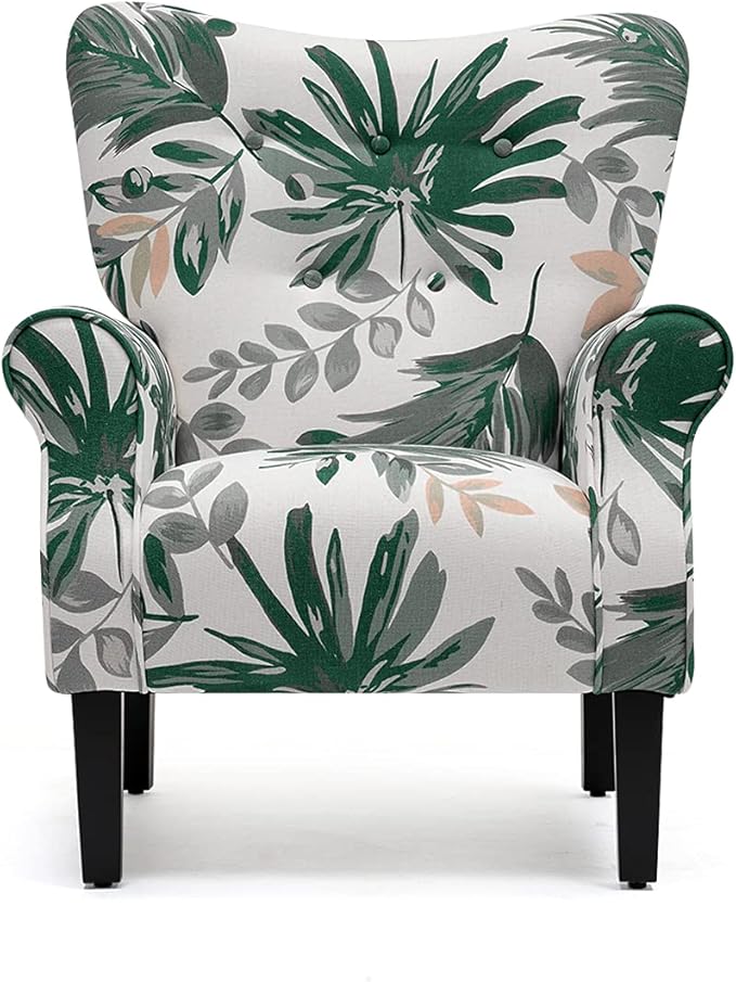 MELLCOM Mid Century Wingback Arm ChairModern Upholstered Fabric High Back Accent Chair with Wood LegsUpholstered Single Sofa Club Chair for Living Room Bedroom Home Office Green Leaves