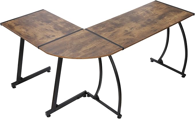 Modern L-Shaped Gaming DeskHome Office Desk with Round Corner Computer DeskStudy Writing PC Laptop Workstation with Solid Steel Frame Desktop Brown