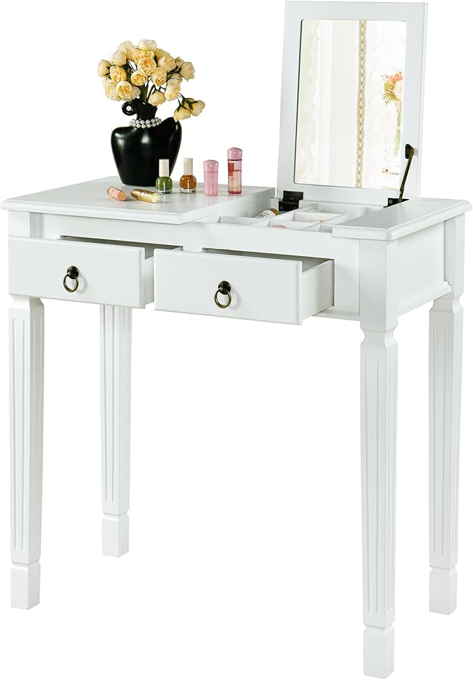 LEEMTORIG 31.5 Solid Wood Small Vanity Desk with Flip-top Mirror Compact Wooden Writing Desk with Drawers 3 in 1 Secretary Desk/Dressing Table/Nightstand for Small Space White SZT-D0036-WT