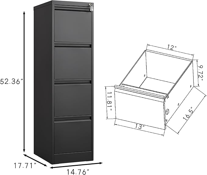 4 Drawer File Cabinet with LockMetal Vertical Filing Storage Cabinet Organizer for Home Office Under Desk Small Locking DrawersAssembly RequiredBlack