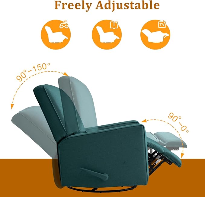 Swivel Rocker Recliner Chair for Adults High Back Fabric Recliner with Deep Seat Manual Glider for Living Room &amp Nursery Green