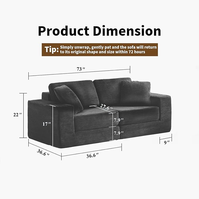 FILUXE Modular Sectional Sofa Modern Modular Sofa Couch with Deep SeatComfy Cloud Couch Sectional Couches for Living Room Bedroom and Apartment2-SeaterDark Grey